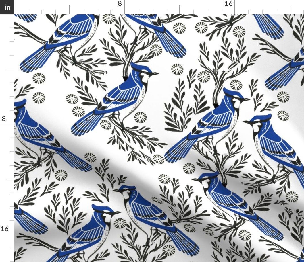 LARGE - blue jay fabric, blue jay wallpaper, blue jay home decor, blue jay curtains, blue jay linocut, woodcut - black and white