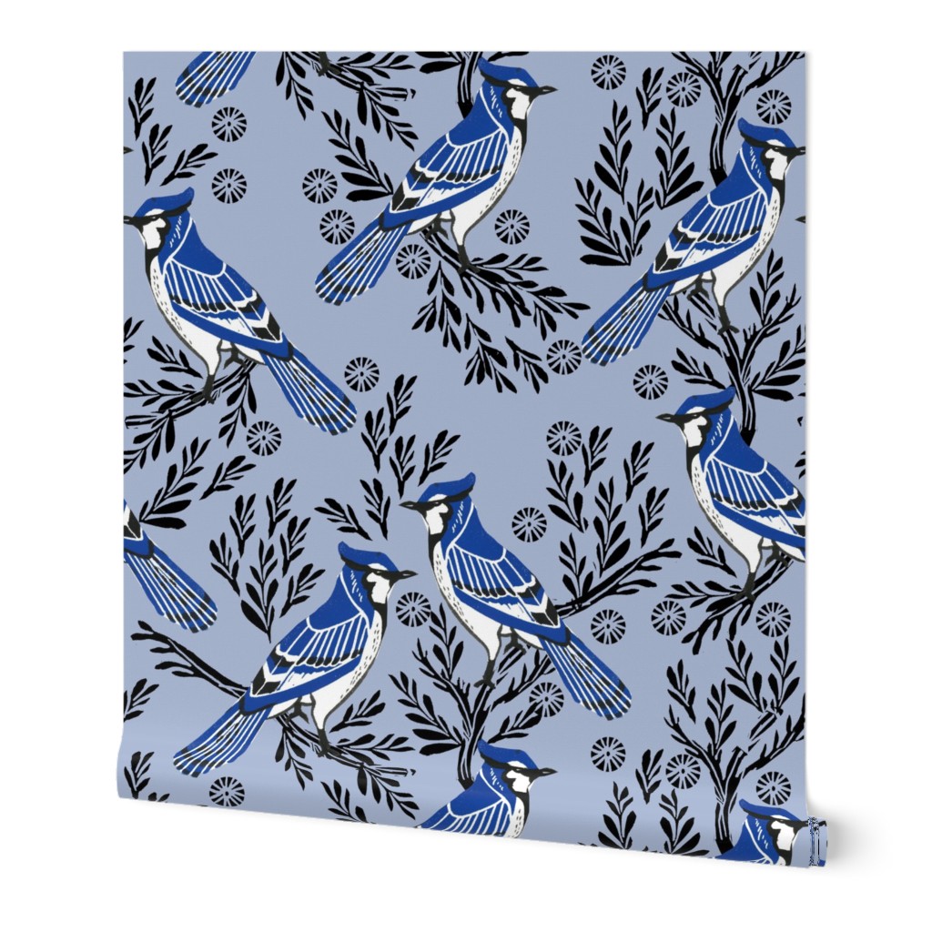 LARGE - blue jay fabric, blue jay wallpaper, blue jay home decor, blue jay curtains, blue jay linocut, woodcut - pale blue