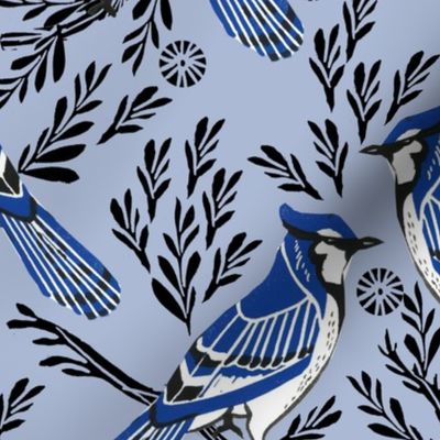 LARGE - blue jay fabric, blue jay wallpaper, blue jay home decor, blue jay curtains, blue jay linocut, woodcut - pale blue