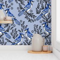 LARGE - blue jay fabric, blue jay wallpaper, blue jay home decor, blue jay curtains, blue jay linocut, woodcut - pale blue