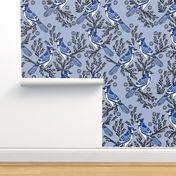 LARGE - blue jay fabric, blue jay wallpaper, blue jay home decor, blue jay curtains, blue jay linocut, woodcut - pale blue