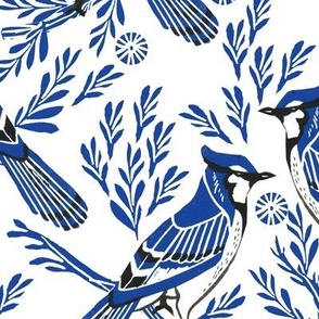 LARGE - blue jay fabric, blue jay wallpaper, blue jay home decor, blue jay curtains, blue jay linocut, woodcut - white