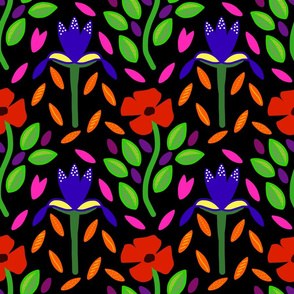 Poppies & Irises - modern Folk Art, black, large 