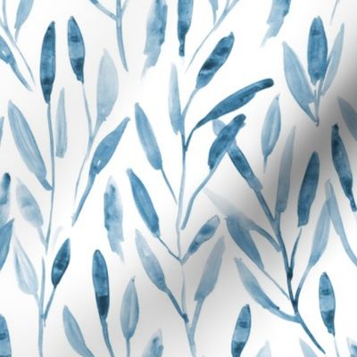 Blue watercolor leaves ★ tonal monochrome nature print for modern neutral home decor, bedding, nursery