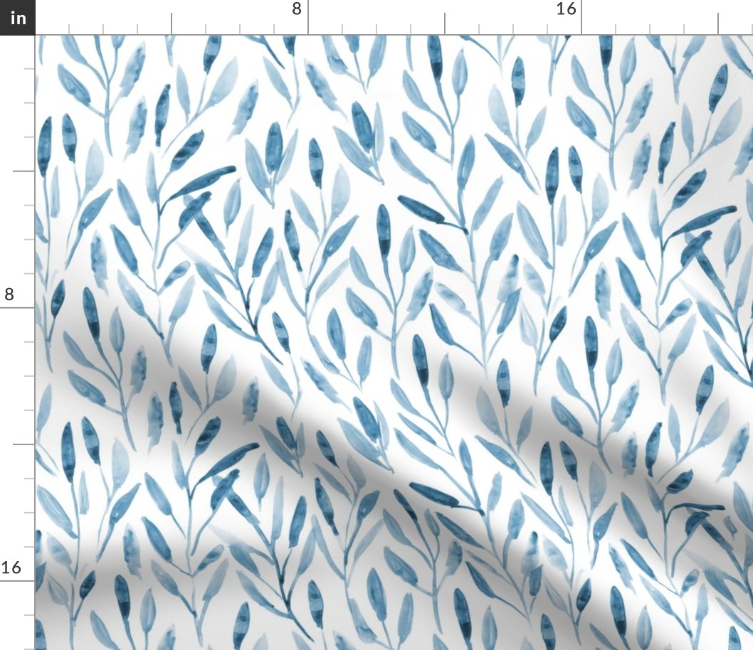 Blue watercolor leaves ★ tonal monochrome nature print for modern neutral home decor, bedding, nursery