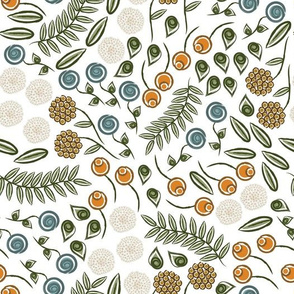 Blue Orange Gold Green Floral On WhiteStocks