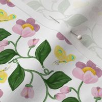 Pink Chintz Flowering Stripe with Yellow Butterflies on White