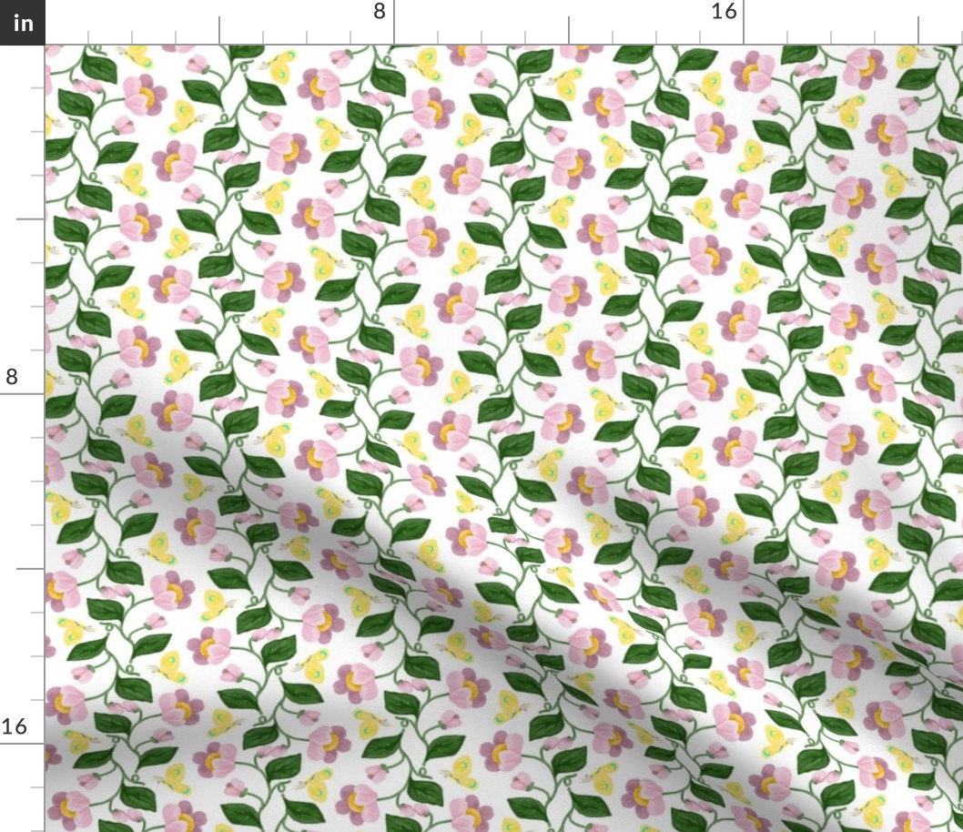Pink Chintz Flowering Stripe with Yellow Butterflies on White