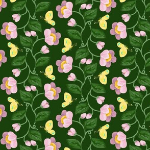 Pink Chintz Flowering Stripe with Yellow Butterflies on Green