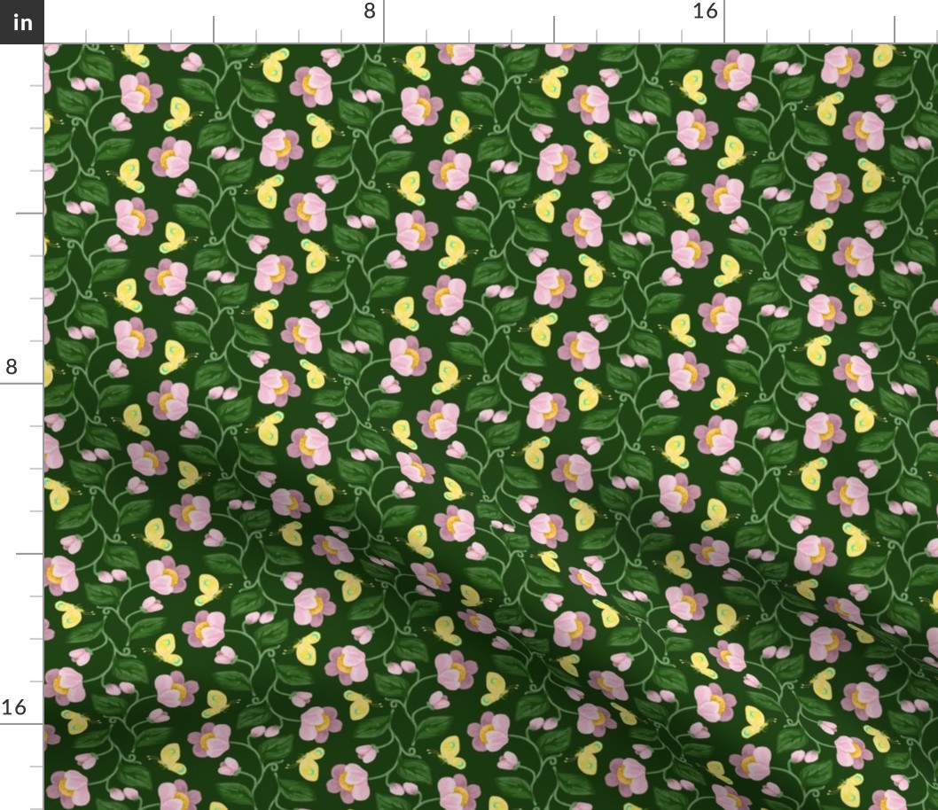 Pink Chintz Flowering Stripe with Yellow Butterflies on Green