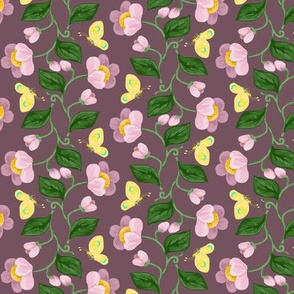 Pink Chintz Flowering Stripe with Yellow Butterflies on Mauve Purple