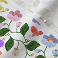 Multicolored Chintz Flower Stripe with Butterflies on White