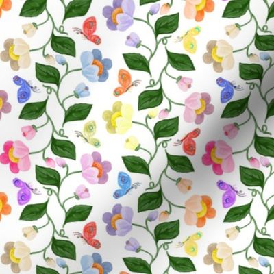 Multicolored Chintz Flower Stripe with Butterflies on White