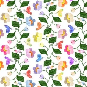 Multicolored Chintz Flower Stripe with Butterflies on White