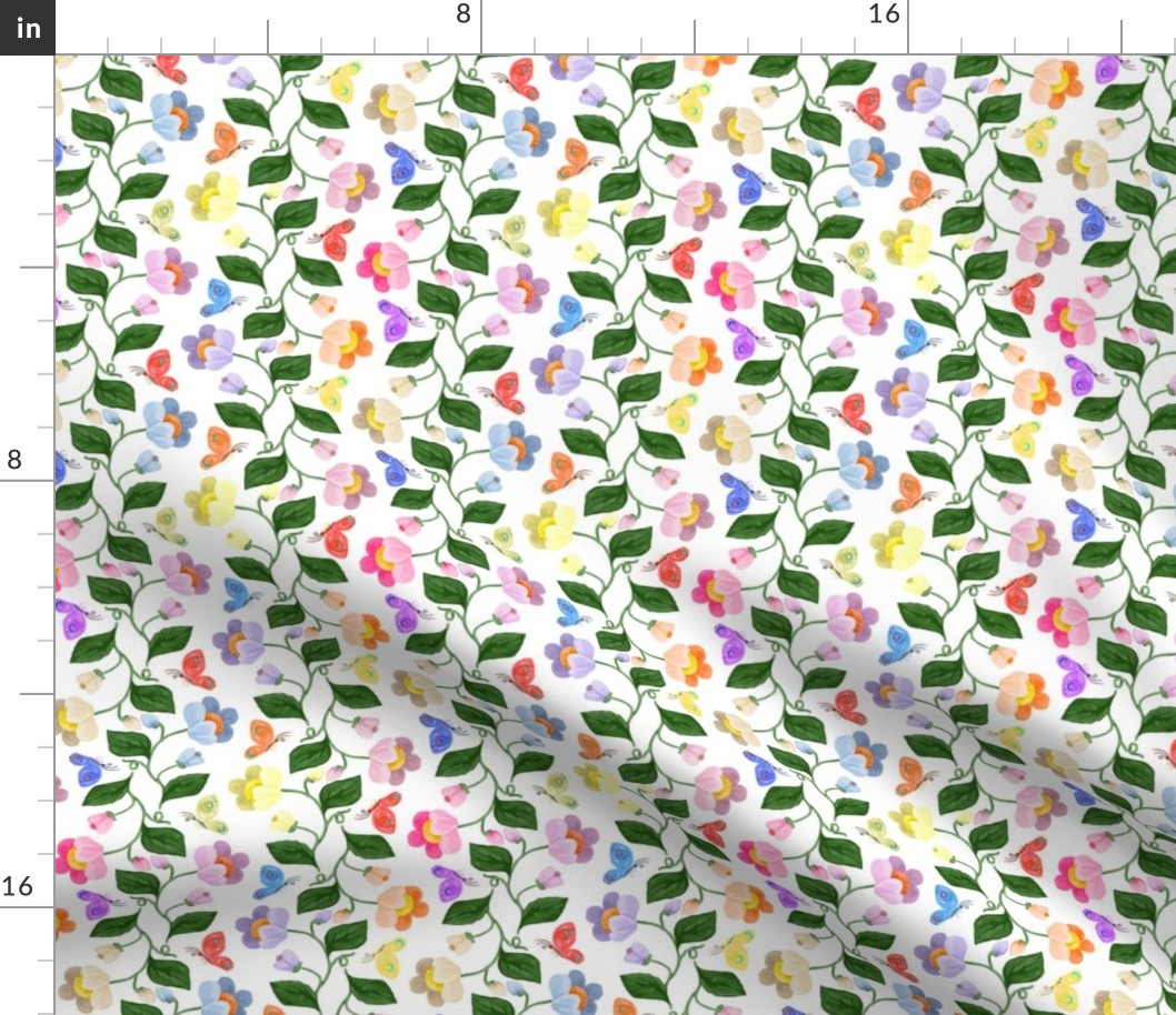 Multicolored Chintz Flower Stripe with Butterflies on White