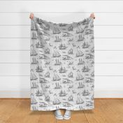 TOILE BATEAUX - FADED CHARCOAL GRAY ON WHITE