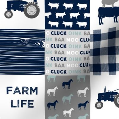 (3" small scale) farm life - tractor wholecloth patchwork - navy and dusty blue C19BS