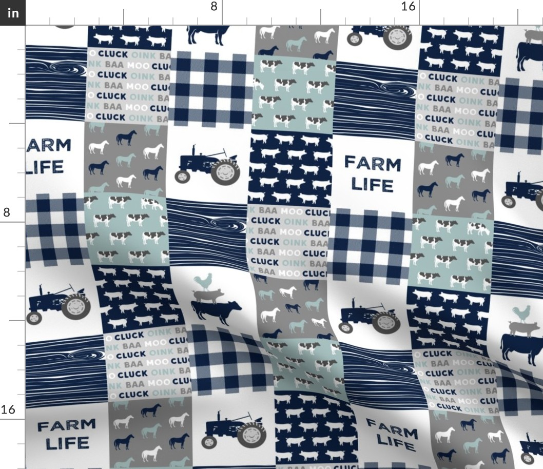 (3" small scale) farm life - tractor wholecloth patchwork - navy and dusty blue C19BS