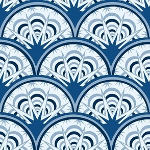 blue scallop with geometric accents // art deco fan// Classic blue art deco fan