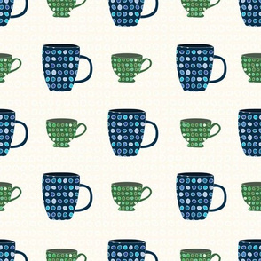 Cups and Mugs in Blue Green on White