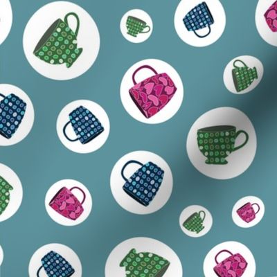 Bright Cups and Mugs in Polka Dots on Green