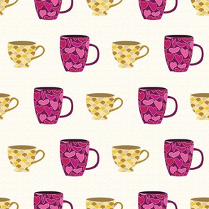 Pink and Yellow Cups and Mugs on White