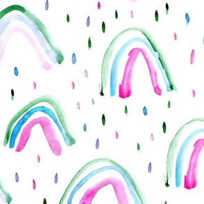 Watercolor magic rainbows and rain drops ★ painted rainbows in pink, blue, green for modern baby nursery