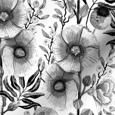 Hollyhock & Burdock in black and white