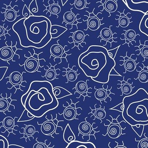 Line Art Roses and Bugs On Classic Blue 