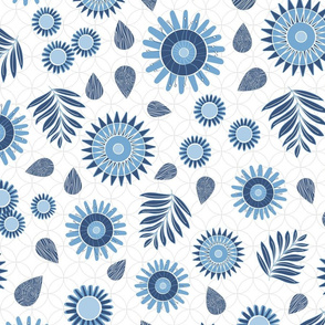 Blue Fantasy Floral Scattered On White