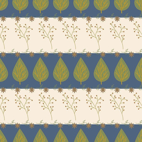 Plants and Flowers On Blue and Beige Stripes