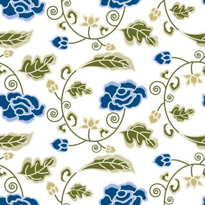 Blue Jacobean Floral with Roses Vines Buds On White