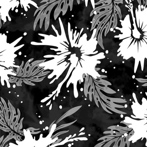 Painted Hibiscus Hawaiian Floral  Black and White