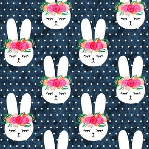 floral bunnies - spring easter - polka dots on dark blue - LAD19