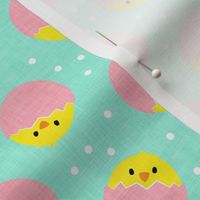 chicks in eggs - pink on teal  - LAD19