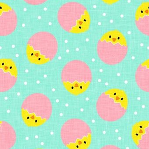 chicks in eggs - pink on teal  - LAD19