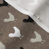 roosters - tan, white, black on brown linen C19BS