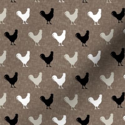 roosters - tan, white, black on brown linen C19BS