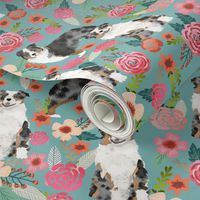 TINY - australian shepherd florals blue florals flowers cute girls aussie dog fabric australian shepherds