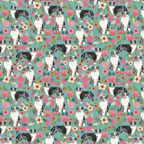 TINY - australian shepherd florals blue florals flowers cute girls aussie dog fabric australian shepherds