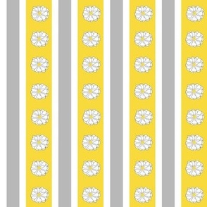 WHMS - Narrow Ticking Stripes with Daisies -  White - Grey - Yellow - 1 inch repeat