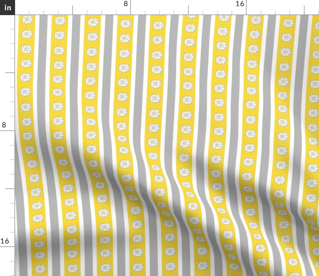 WHMS - Narrow Ticking Stripes with Daisies -  White - Grey - Yellow - 1 inch repeat