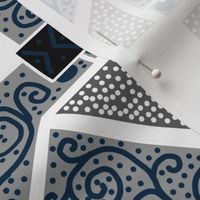 Navy Blue and Gray Scrolls Whirling with Dots on White