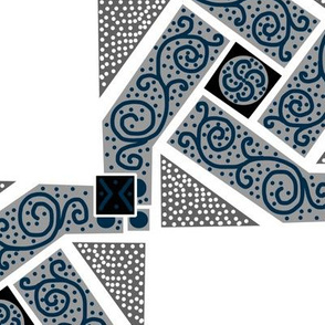 Navy Blue and Gray Scrolls Whirling with Dots on White