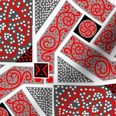 Red and and Gray Scrolls Whirling with Dots