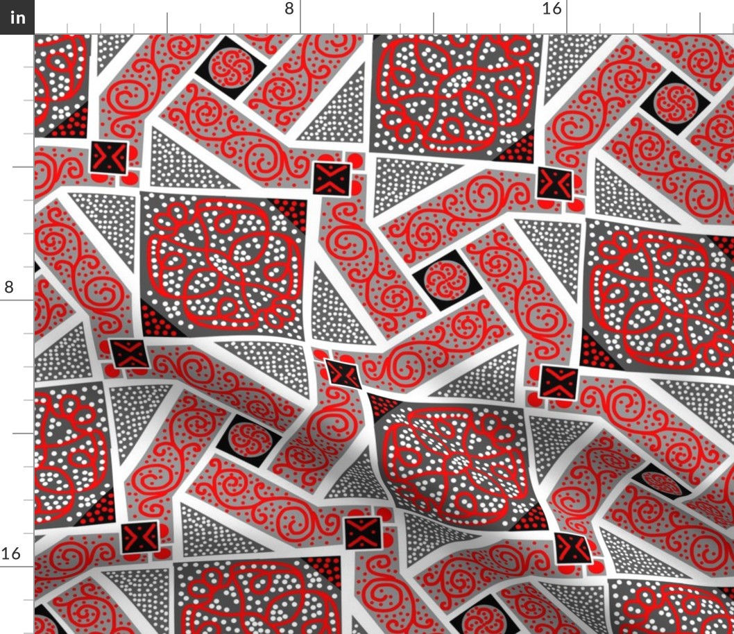 Red and and Gray Scrolls Whirling with Dots