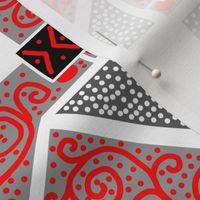 Red and and Gray Scrolls Whirling with Dots on White