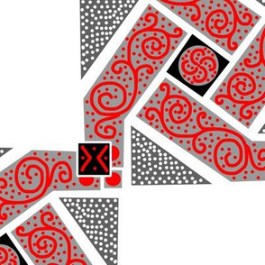 Red and and Gray Scrolls Whirling with Dots on White