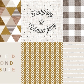 6 loveys: fearfully and wonderfully sugar sand, triangles, mud buffalo check, loved beyond measure, bronze mudcloth arrows, sugar sand + white linen stripes