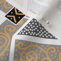 Beige and Gray Scrolls Whirling with Dots on White